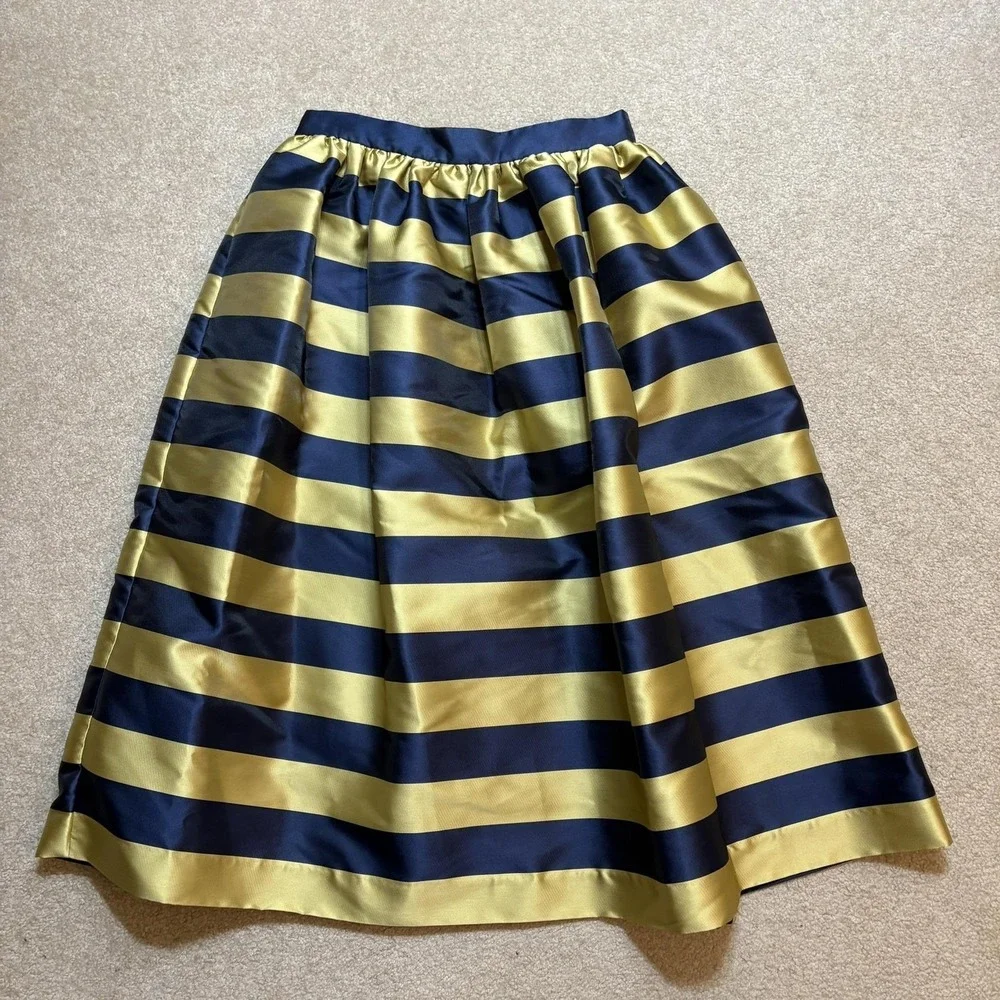 Kate Spade Skirt NWT Womens 6 Gold Navy Awning Stripe Satin Pleated Midi Party‎